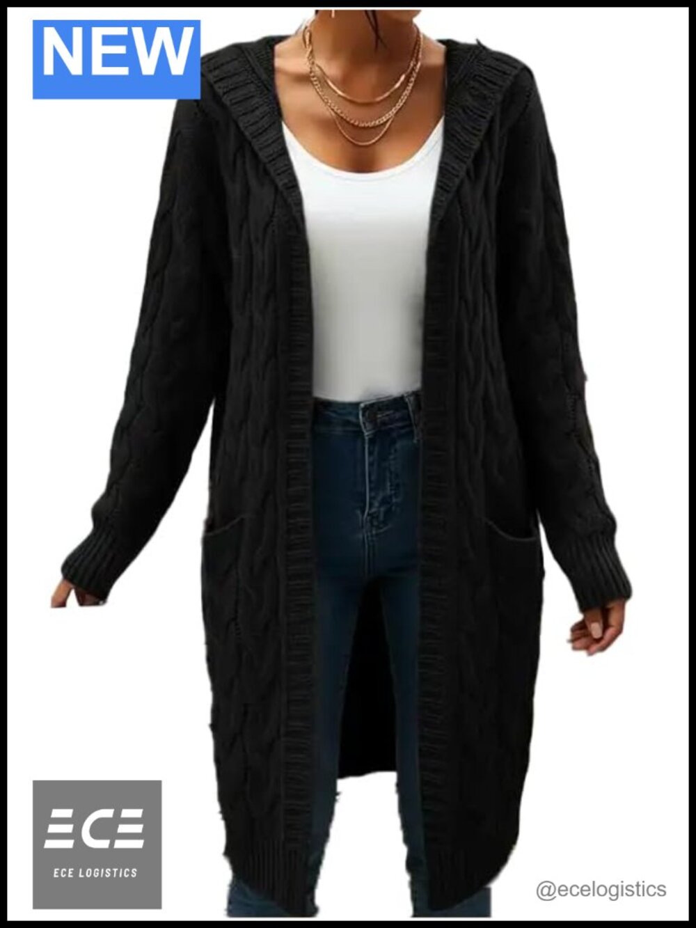 Women's Long Cable Knit Cardigan Sweater Open Front Pockets